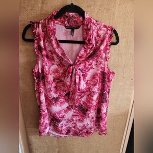 White House Black Market Pink Floral Tie-Neck Sleeveless Blouse